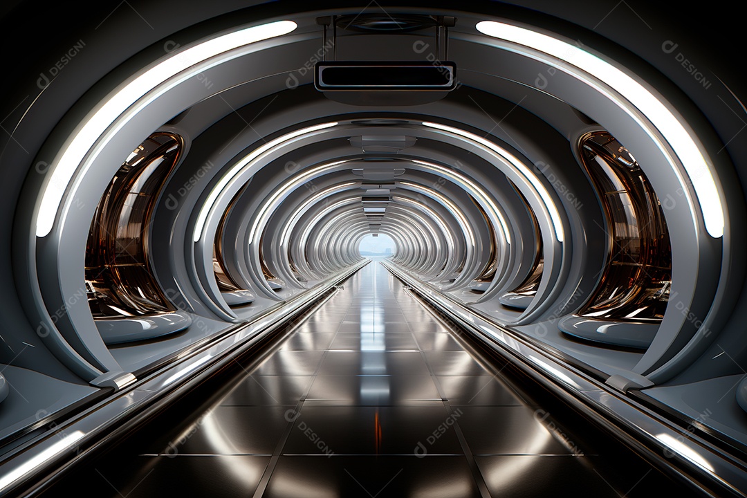 Túnel ou corredor estilo metal e estrutura de ferro com luz neon futurista86