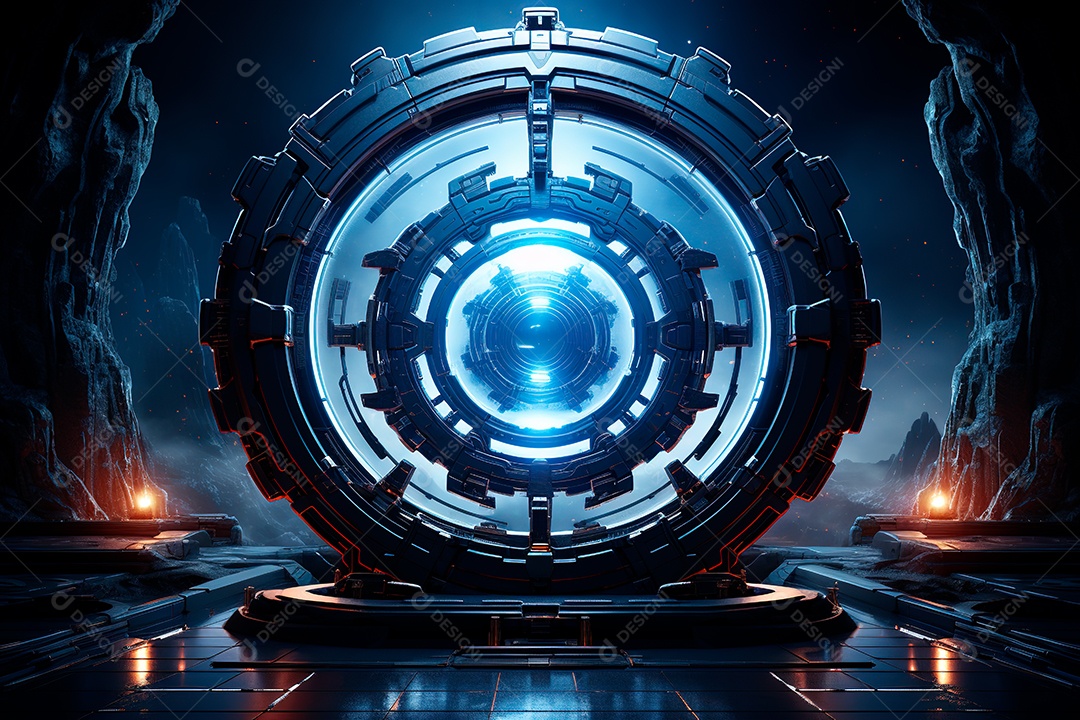 Túnel ou corredor estilo metal e estrutura de ferro com luz neon futurista91