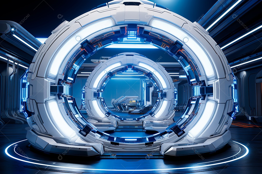 Túnel ou corredor estilo metal e estrutura de ferro com luz neon futurista94