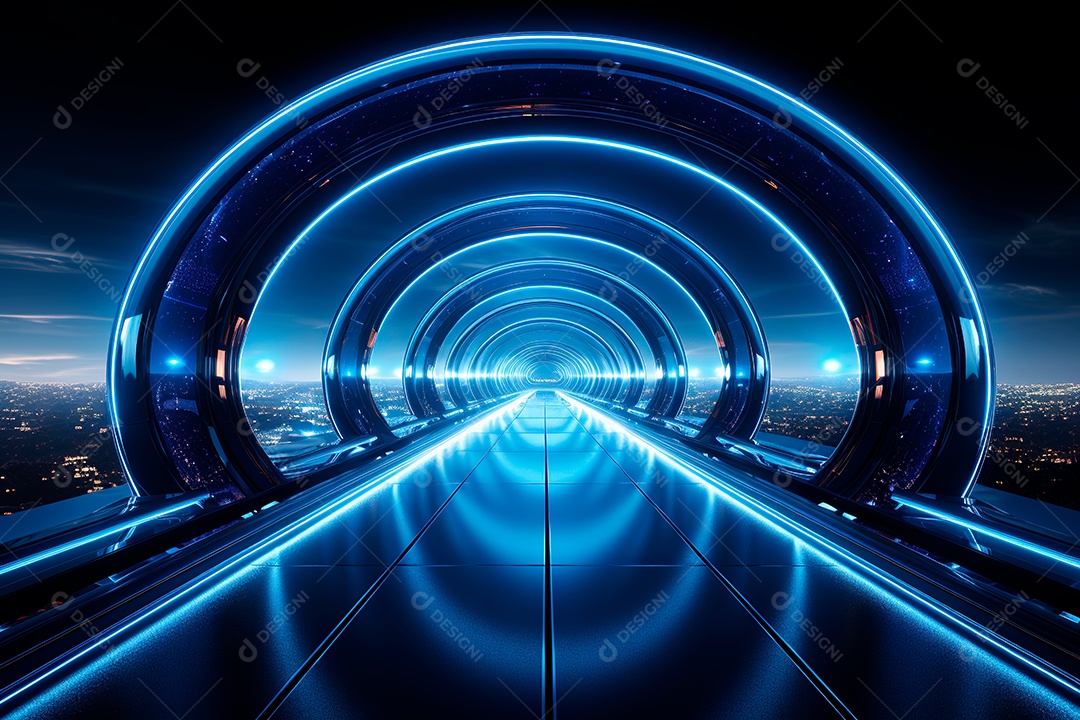 Túnel ou corredor estilo metal e estrutura de ferro com luz neon futurista