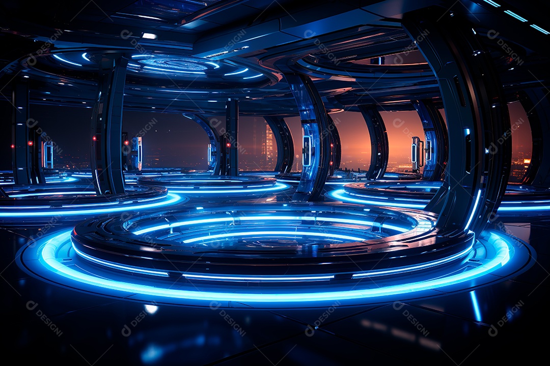 Túnel ou corredor estilo metal e estrutura de ferro com luz neon futurista98