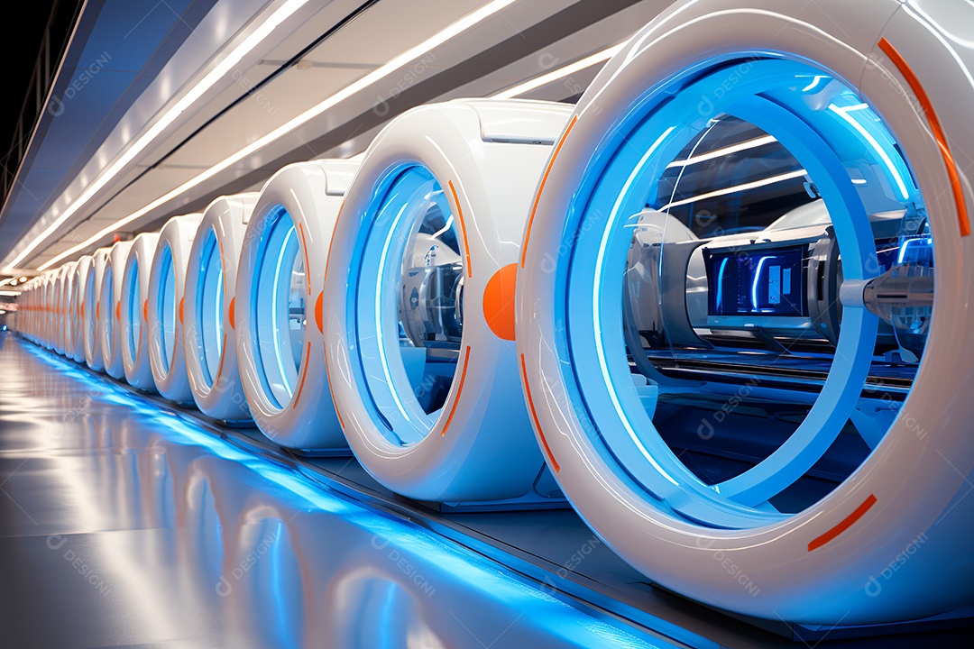 Túnel ou corredor estilo metal e estrutura de ferro com luz neon futurista99