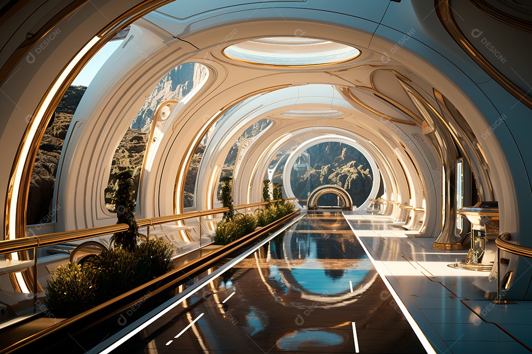 Túnel ou corredor estilo metal e estrutura de ferro com luz neon futurista106