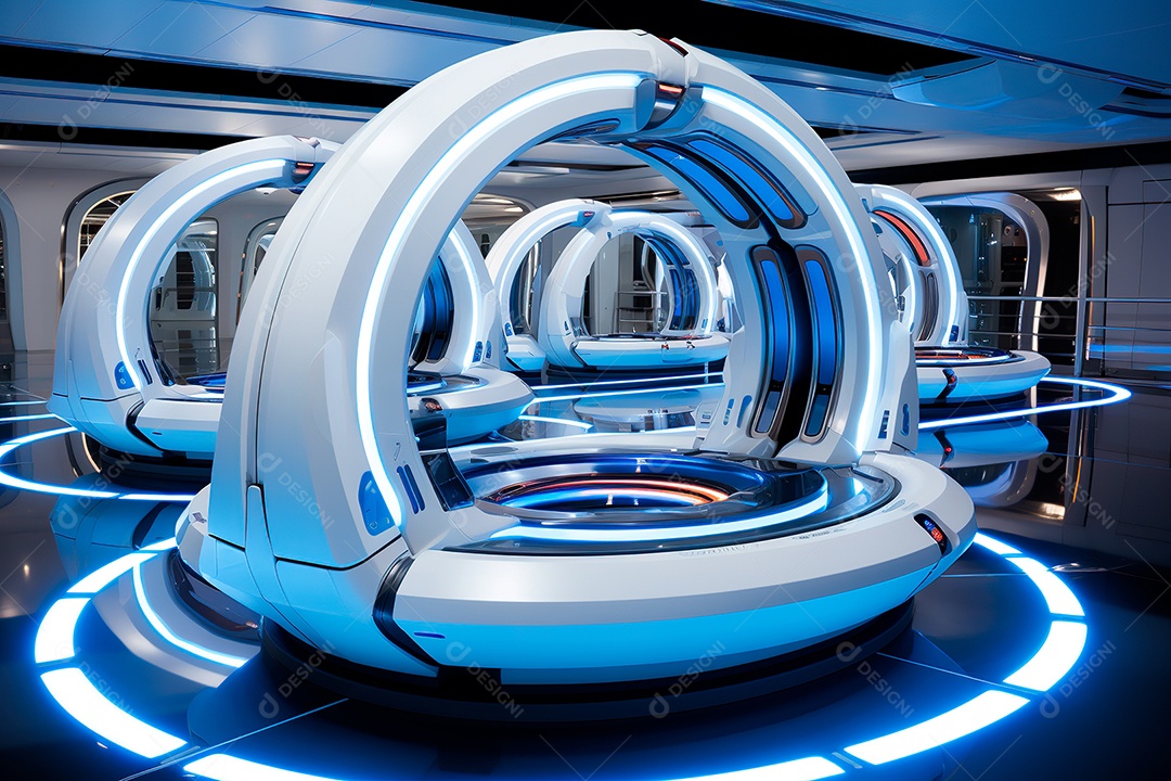 Túnel ou corredor estilo metal e estrutura de ferro com luz neon futurista107