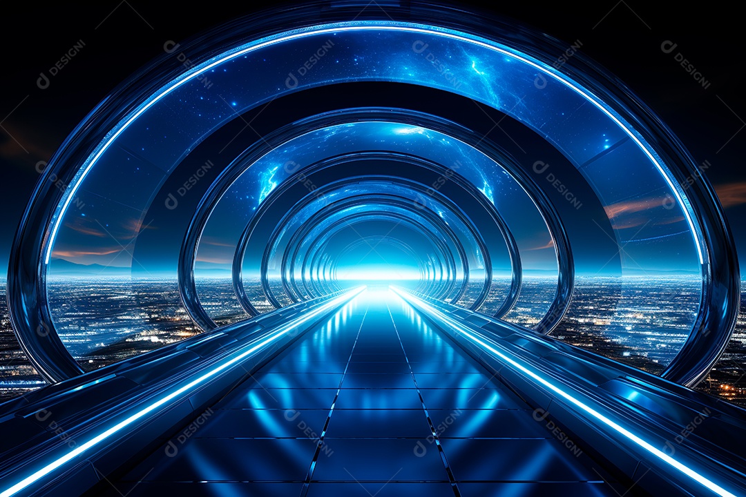 Túnel ou corredor estilo metal e estrutura de ferro com luz neon futurista110