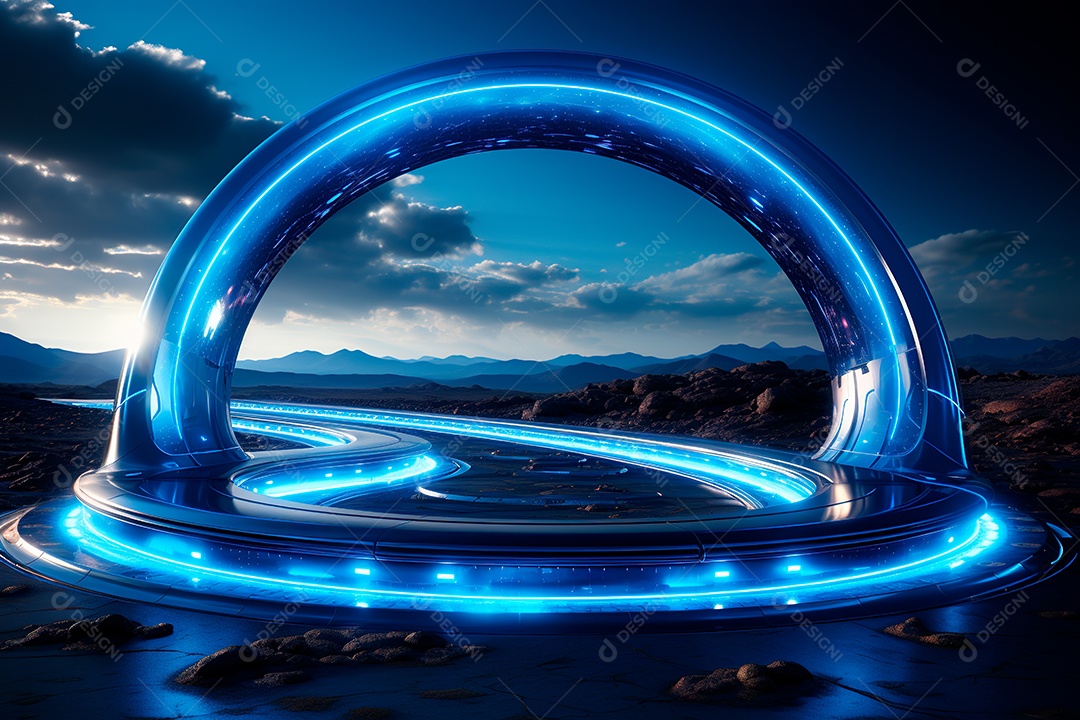 Túnel ou corredor estilo metal e estrutura de ferro com luz neon futurista112