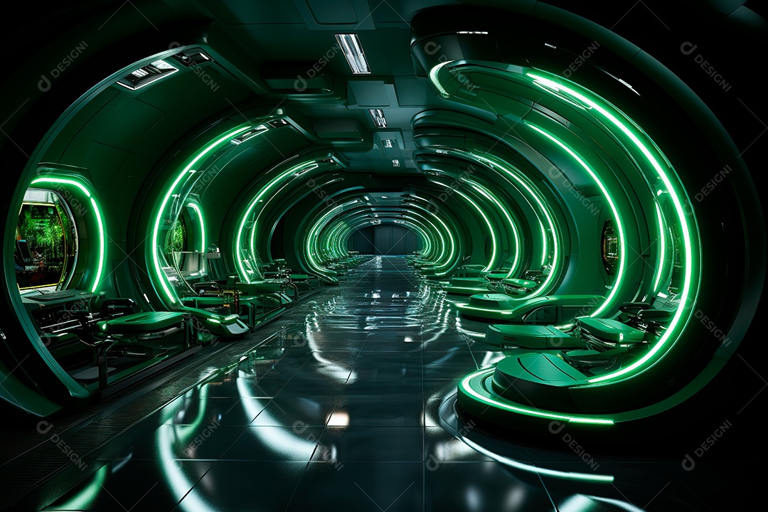 Túnel ou corredor estilo metal e estrutura de ferro com luz neon futurista113