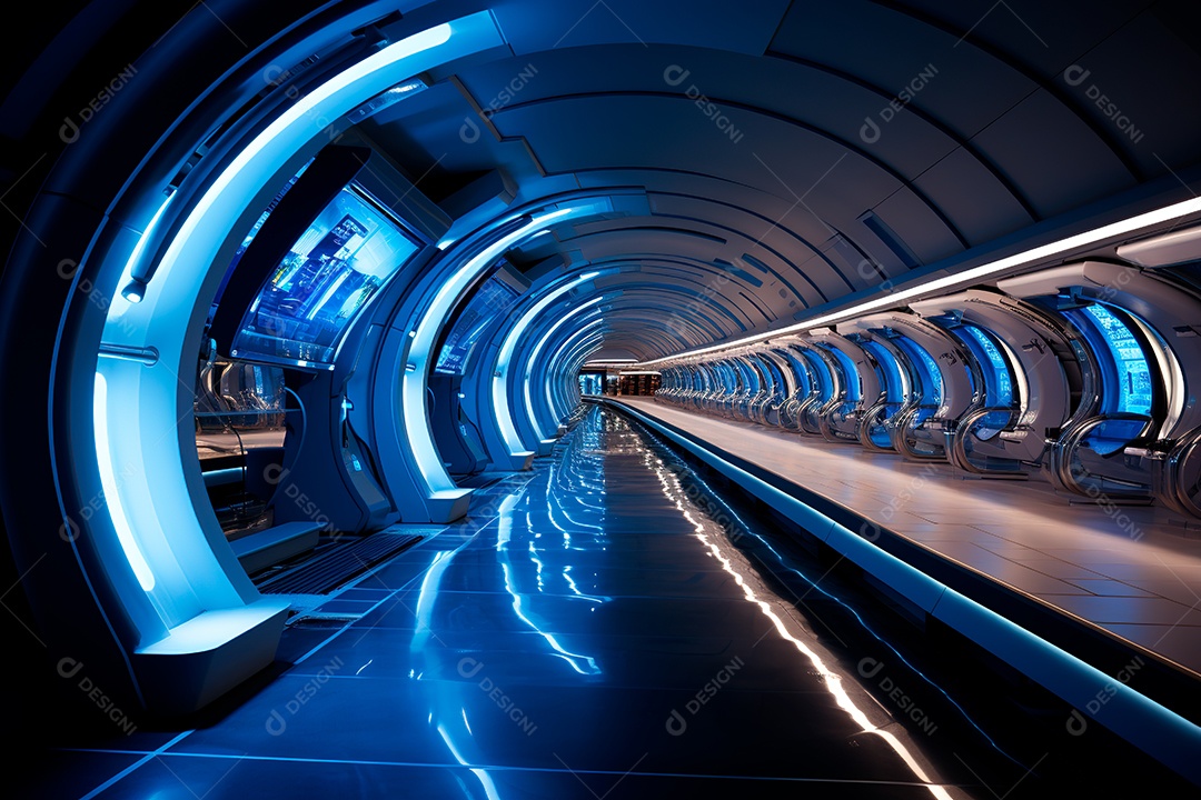 Túnel ou corredor estilo metal e estrutura de ferro com luz neon futurista115