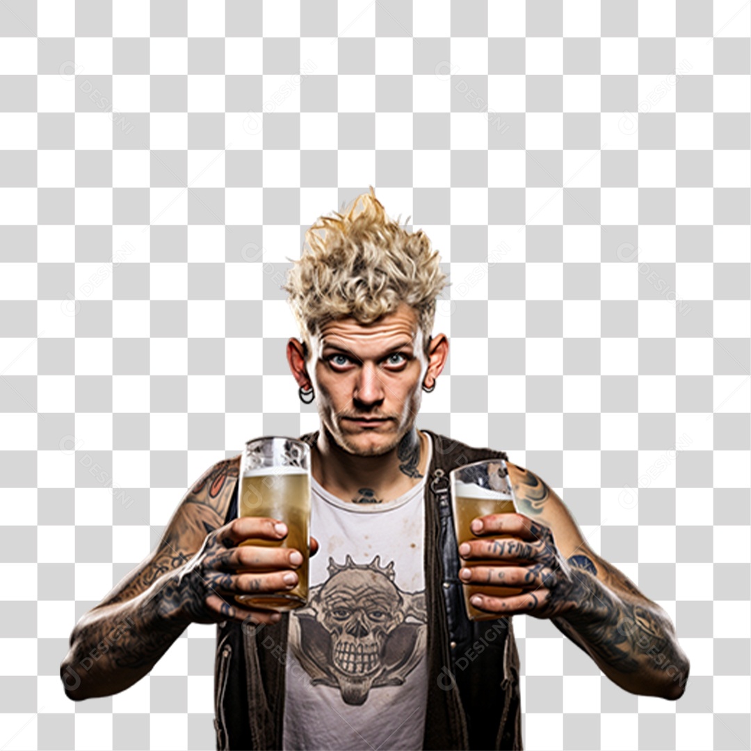 Homem Tatuado Segurando dois Copos com Cerveja PNG Transparente