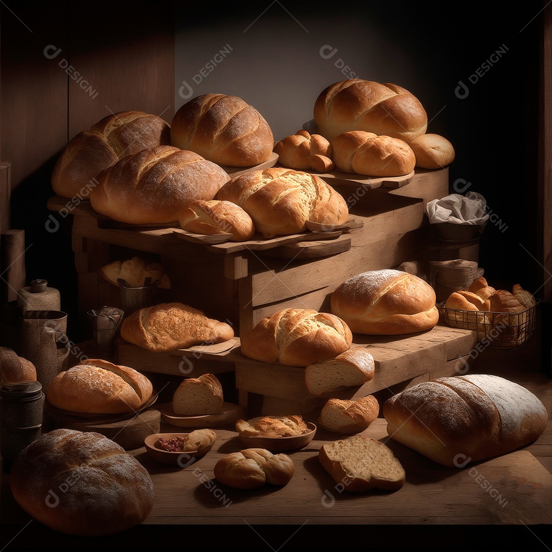 Vários tipos de pão sobre prateleiras de madeira.