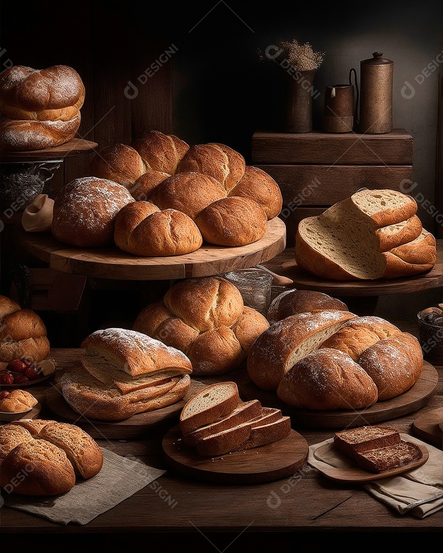 Vários tipos de pão sobre prateleiras de madeira.