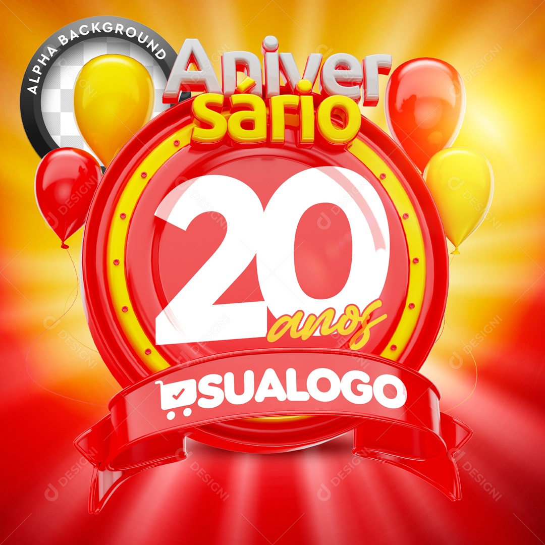 Selo 3D Vermelho Aniversário 20 Anos Para Composição PSD