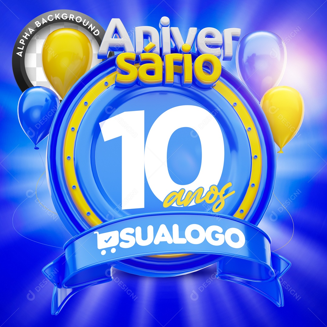 Selo 3D Azul Aniversário 10 Anos Para Composição PSD