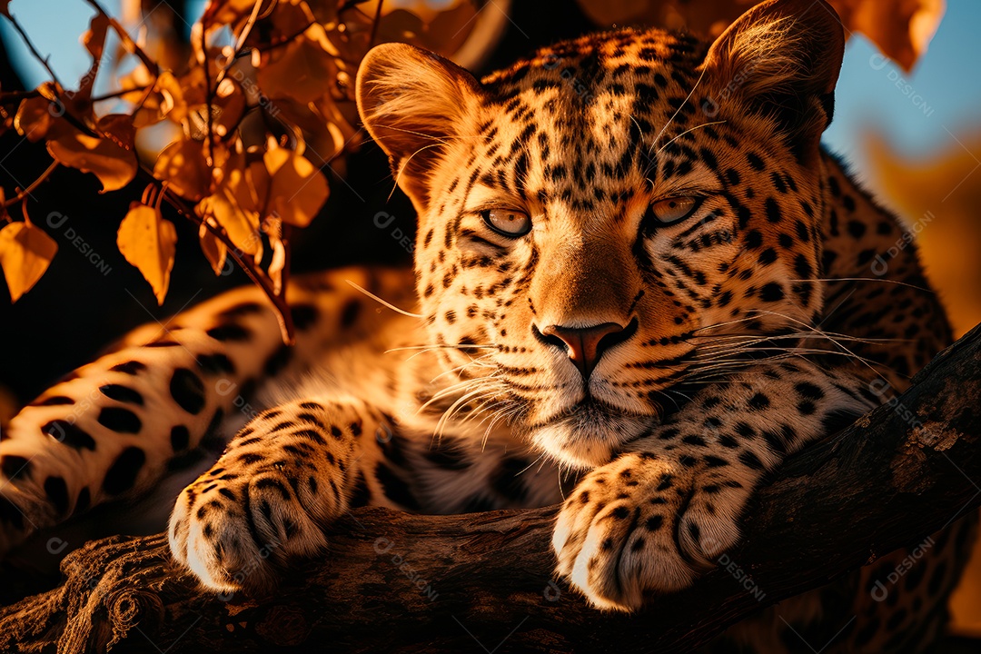 Leopardo preguiçoso descansando na árvore com um fundo desfocado na floresta