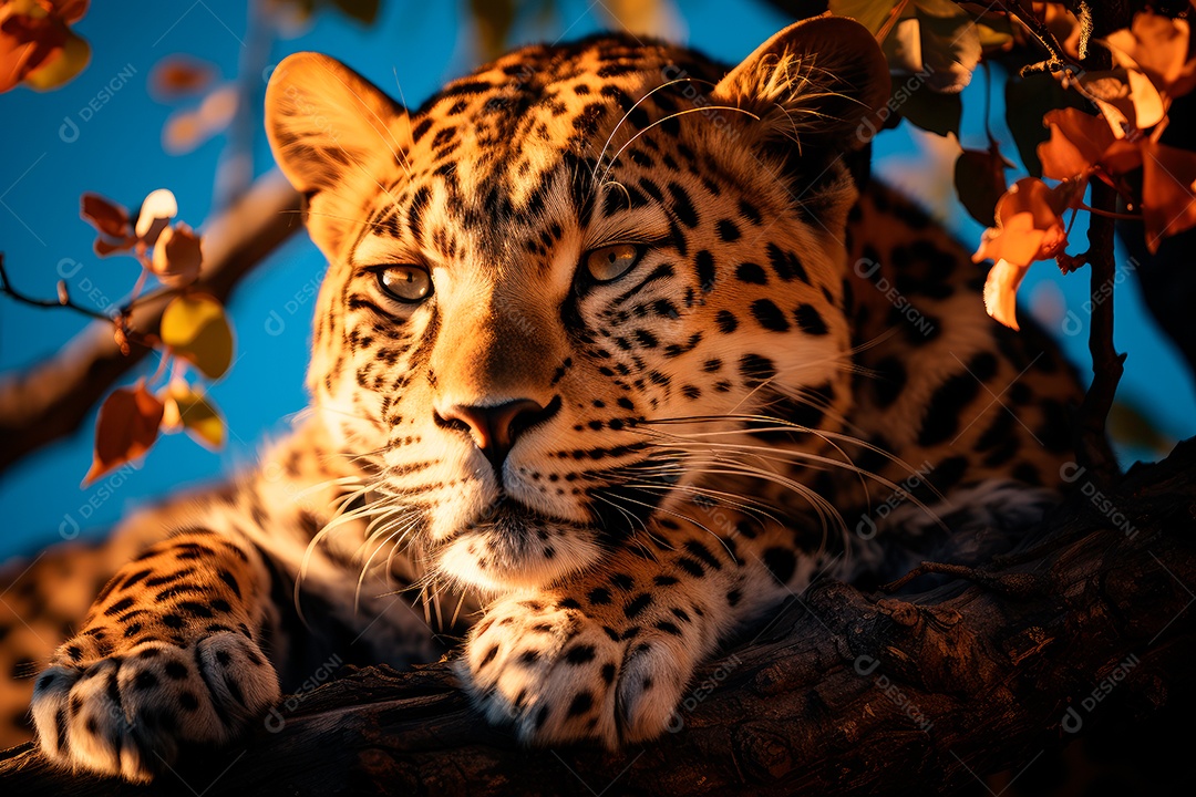 Leopardo preguiçoso descansando na árvore com um fundo desfocado na floresta