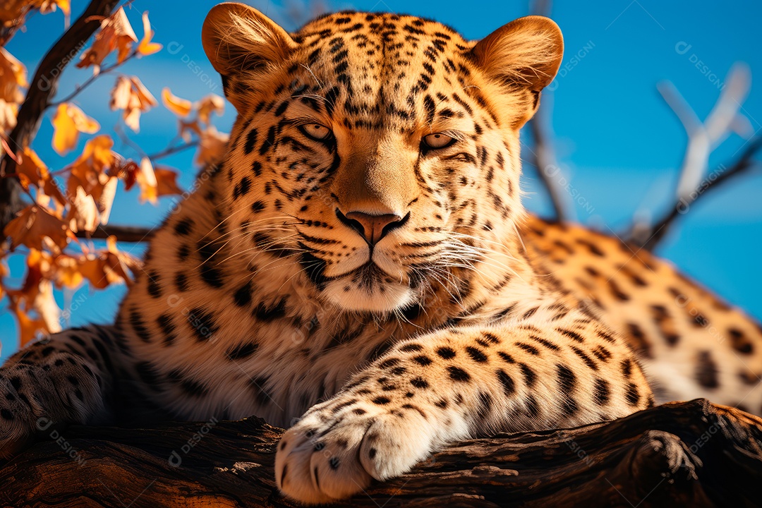 Leopardo preguiçoso descansando na árvore com um fundo desfocado na floresta