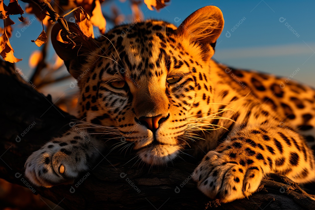 Leopardo preguiçoso descansando na árvore com um fundo desfocado na floresta