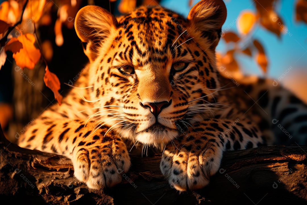 Leopardo preguiçoso descansando na árvore com um fundo desfocado na floresta