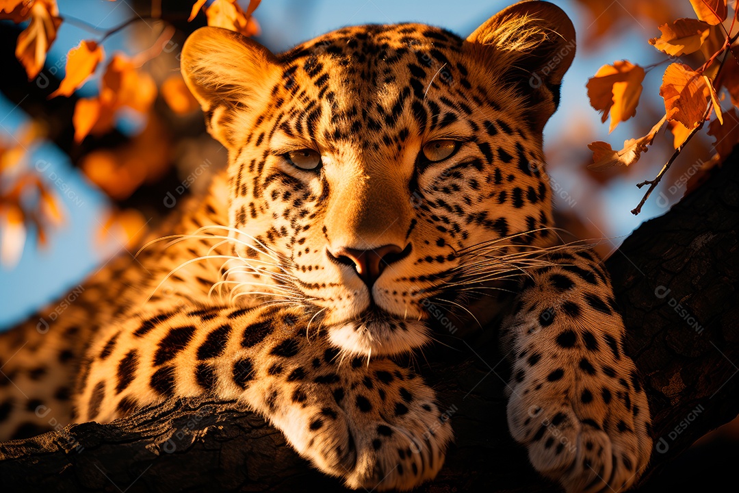 Leopardo preguiçoso descansando na árvore com um fundo desfocado na floresta