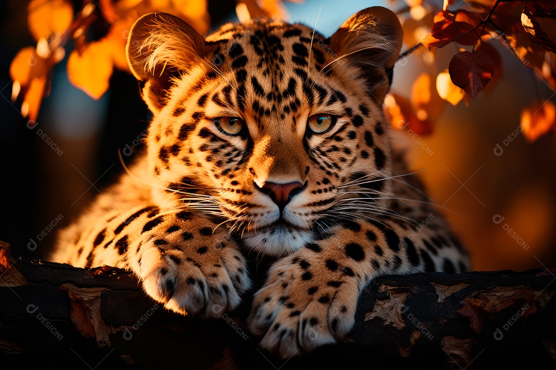 Leopardo preguiçoso descansando na árvore com um fundo desfocado na floresta