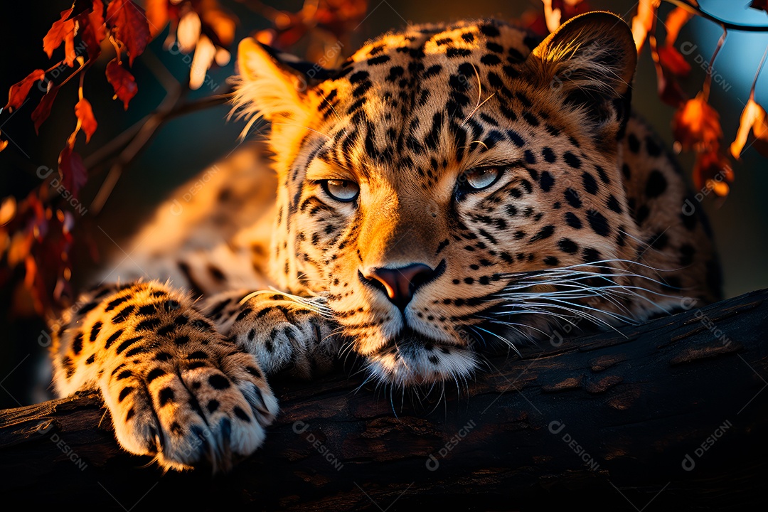 Leopardo preguiçoso descansando na árvore com um fundo desfocado na floresta