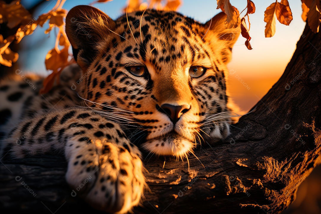 Leopardo preguiçoso descansando na árvore com um fundo desfocado na floresta