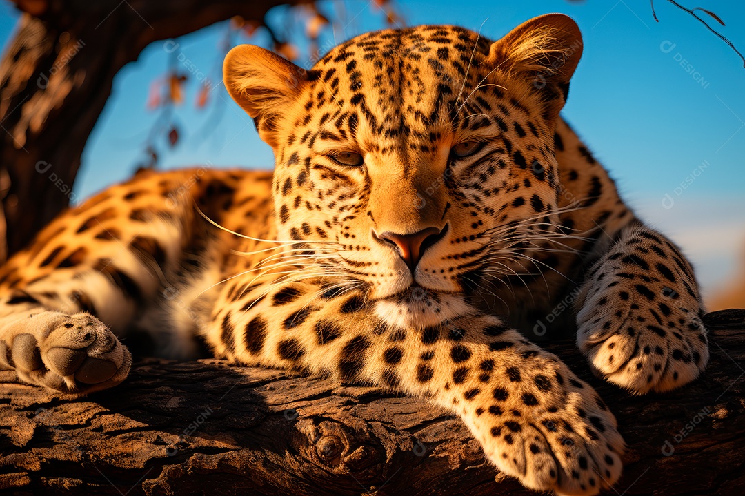 Leopardo preguiçoso descansando na árvore com um fundo desfocado na floresta