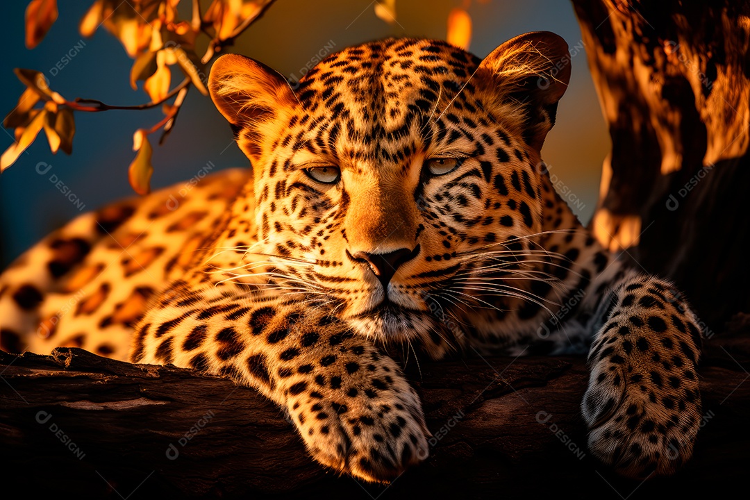 Leopardo preguiçoso descansando na árvore com um fundo desfocado na floresta