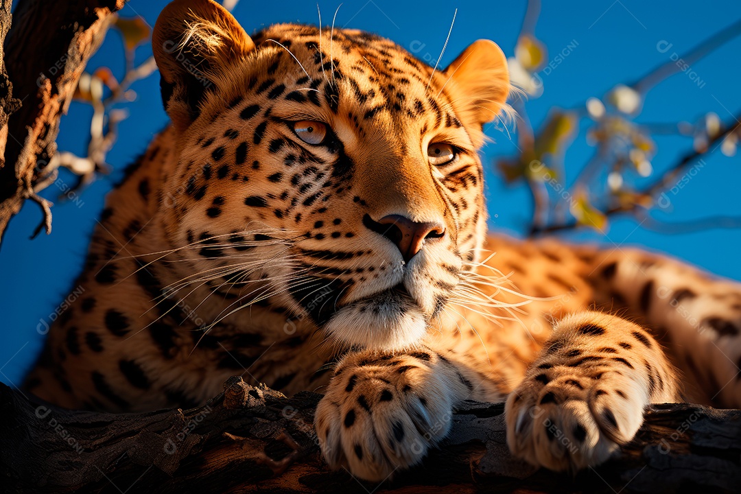 Leopardo preguiçoso descansando na árvore com um fundo desfocado na floresta