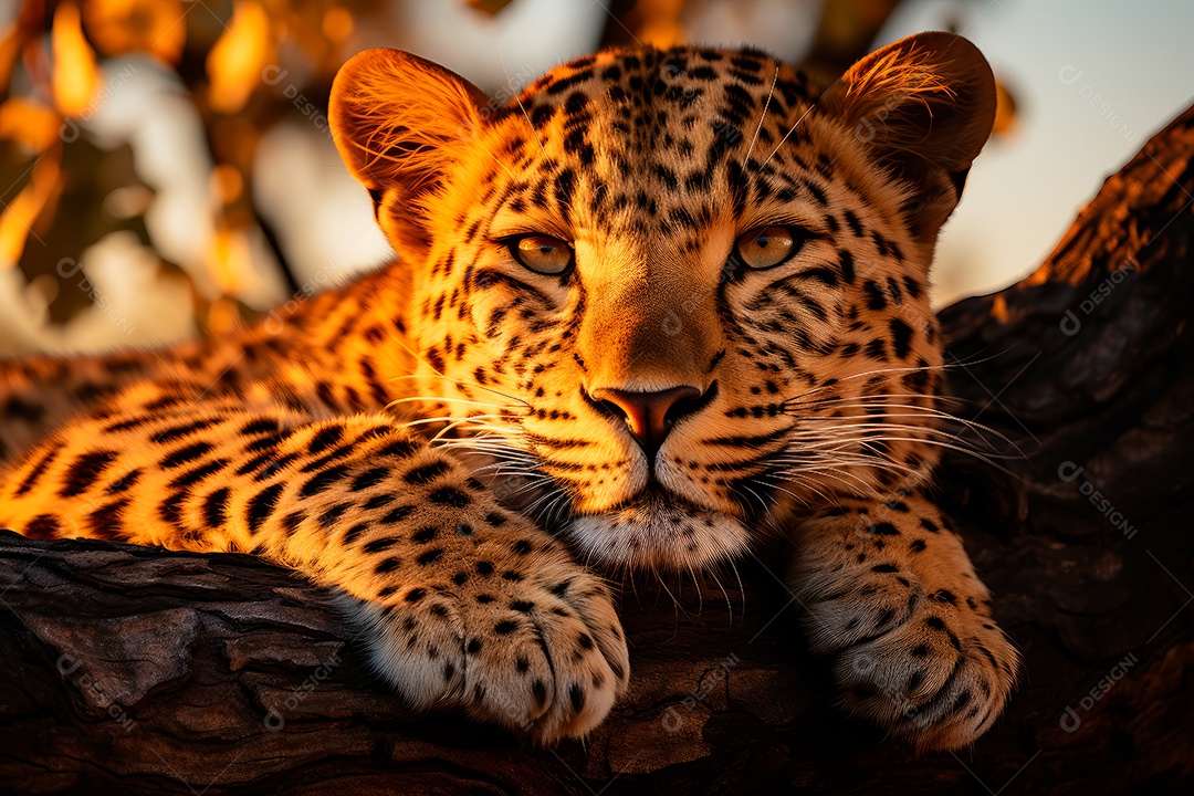 Leopardo preguiçoso descansando na árvore com um fundo desfocado na floresta