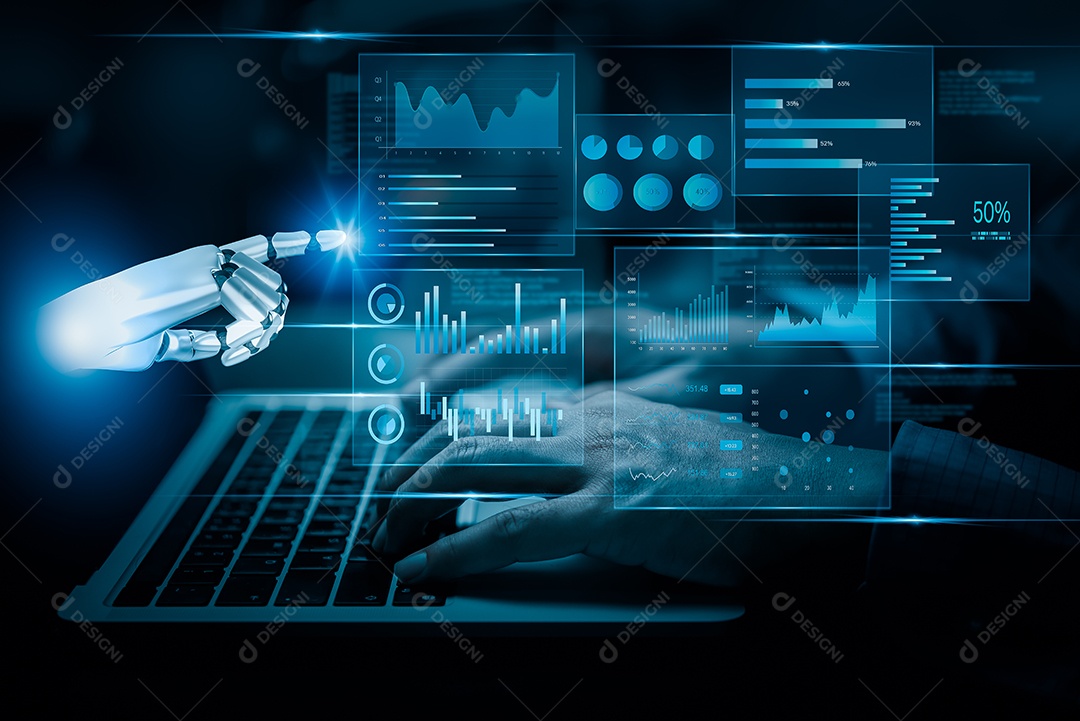 Pesquisa de IA de inteligência artificial de painel de inteligência de negócios de desenvolvimento de robôs e ciborgues Tela virtual de gráfico de diagrama de big data.
