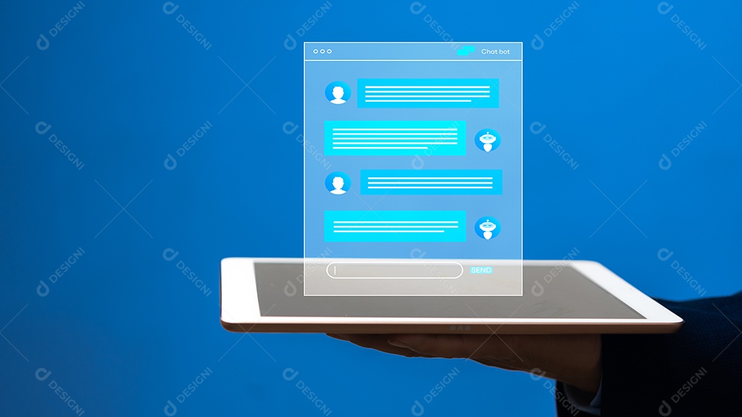 Converse com IA ou Inteligência Artificial. Chatbot digital, aplicativo robô, geração OpenAI. Tecnologia futurista.