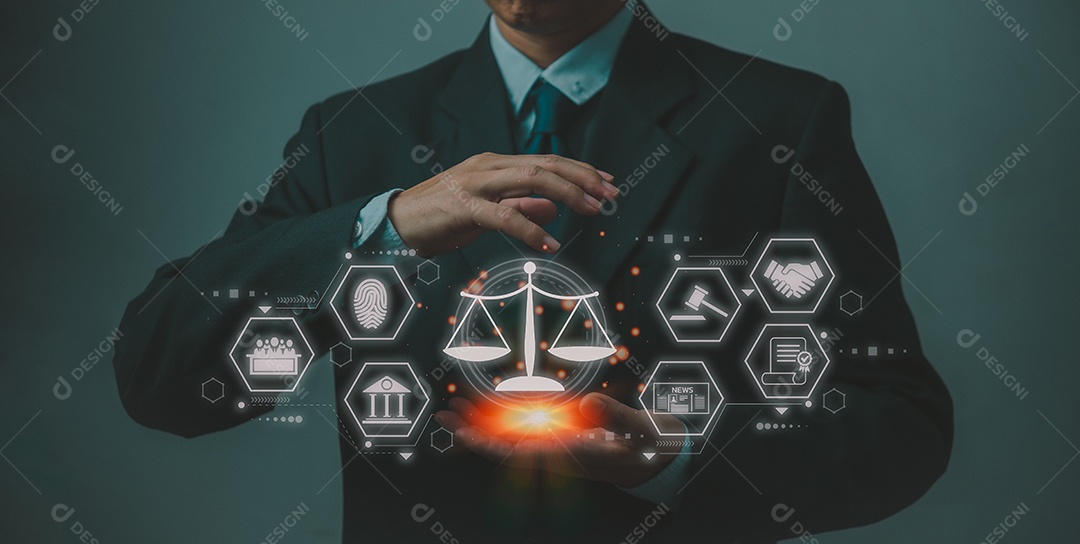 Empresário advogado segurando ícones de rede de inovação jurídica.