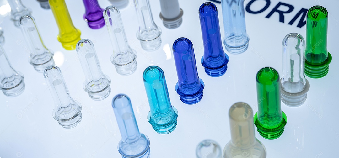 Pré-formas de garrafas plásticas PET antes da moldagem por sopro