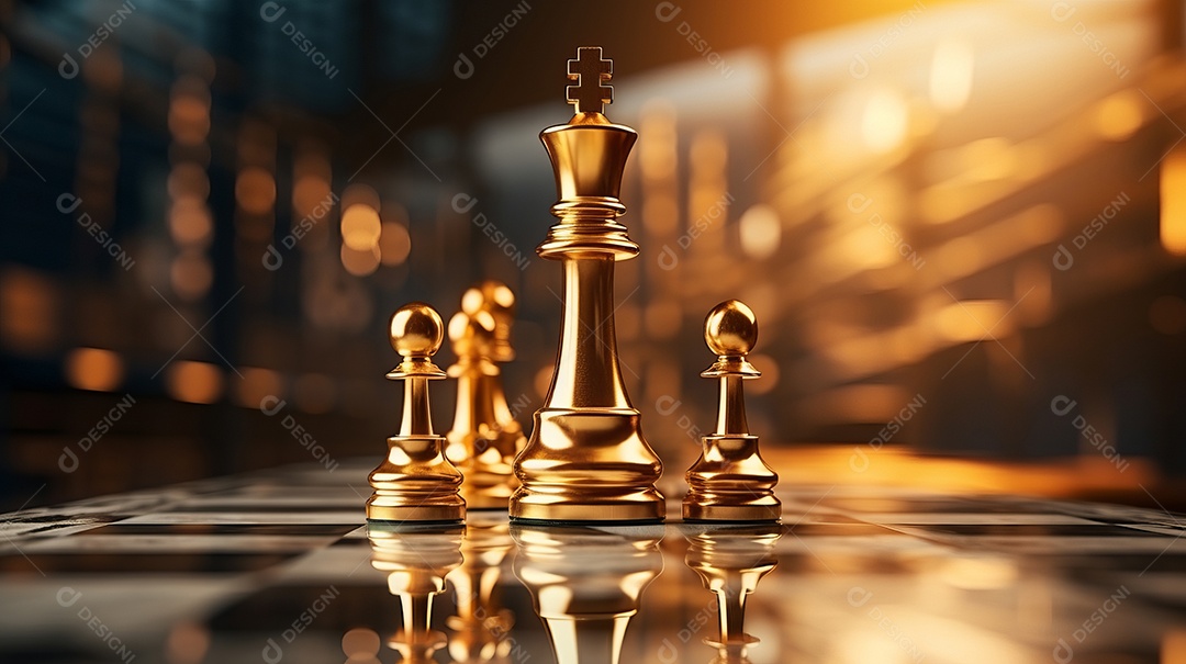 Rainha dourada é a líder do xadrez no jogo a bordo. Conceito de negócios. Estratégia, sucesso, gestão, planejamento de negócios, disrupção e conceito de liderança IA generativa.