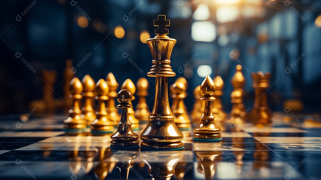 Rainha dourada é a líder do xadrez no jogo a bordo. Conceito de negócios. Estratégia, sucesso, gestão, planejamento de negócios, disrupção e conceito de liderança IA generativa.