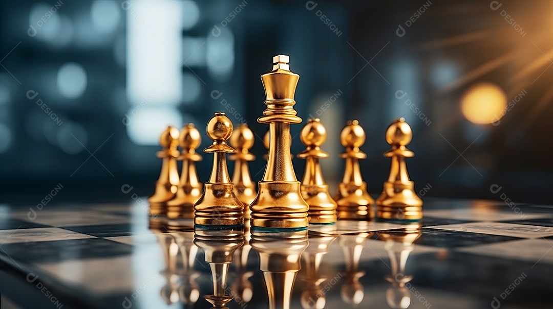 Rainha dourada é a líder do xadrez no jogo a bordo. Conceito de negócios. Estratégia, sucesso, gestão, planejamento de negócios, disrupção e conceito de liderança IA generativa.