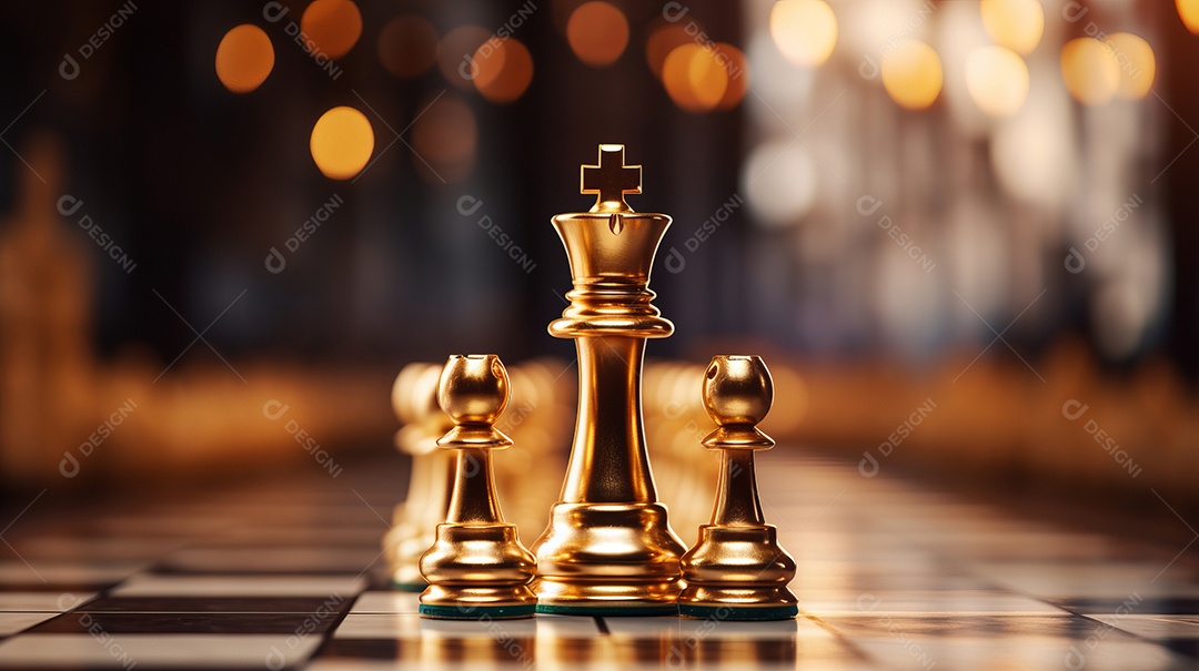 Rainha dourada é a líder do xadrez no jogo a bordo. Conceito de negócios. Estratégia, sucesso, gestão, planejamento de negócios, disrupção e conceito de liderança IA generativa.