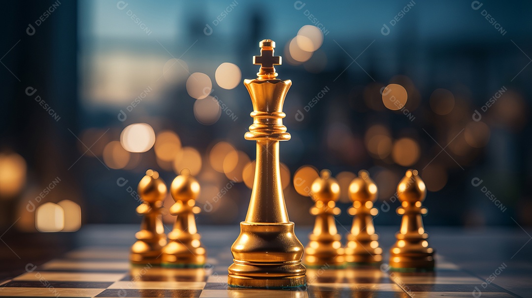 Rainha dourada é a líder do xadrez no jogo a bordo. Conceito de negócios. Estratégia, sucesso, gestão, planejamento de negócios, disrupção e conceito de liderança IA generativa.