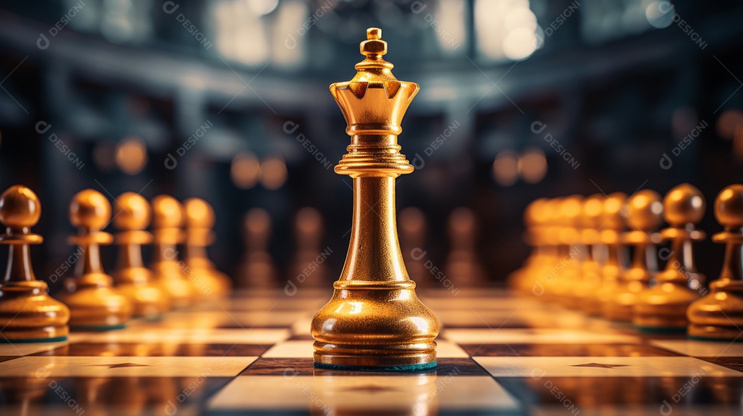 Rainha dourada é a líder do xadrez no jogo a bordo. Conceito de negócios. Estratégia, sucesso, gestão, planejamento de negócios, disrupção e conceito de liderança IA generativa.