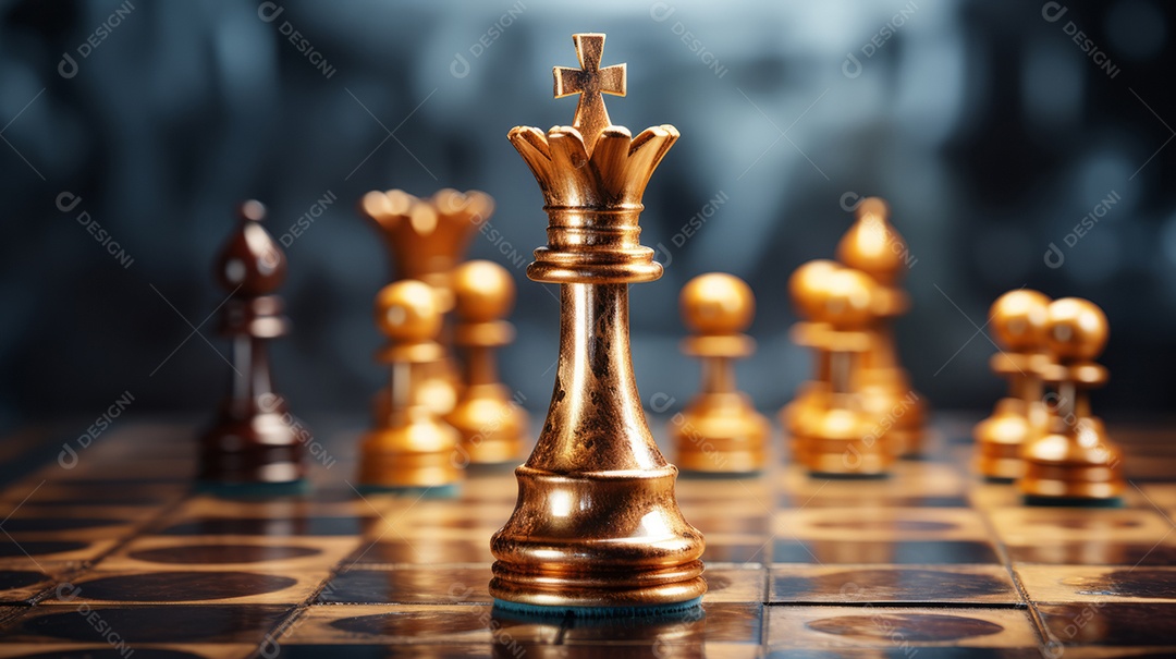 Rainha dourada é a líder do xadrez no jogo a bordo. Conceito de negócios. Estratégia, sucesso, gestão, planejamento de negócios, disrupção e conceito de liderança IA generativa.