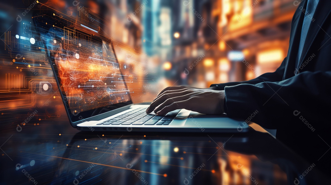 Mãos trabalhando no computador, homem de negócios digitando no laptop, banner de negócios.