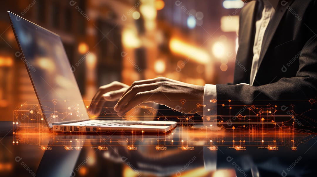 Mãos trabalhando no computador, homem de negócios digitando no laptop, banner de negócios.