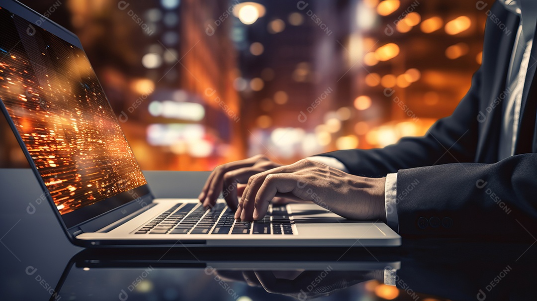 Mãos trabalhando no computador, homem de negócios digitando no laptop, banner de negócios.