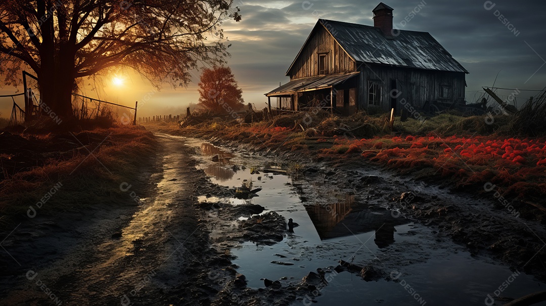 Imagem realista de uma casa sobre uma floresta.