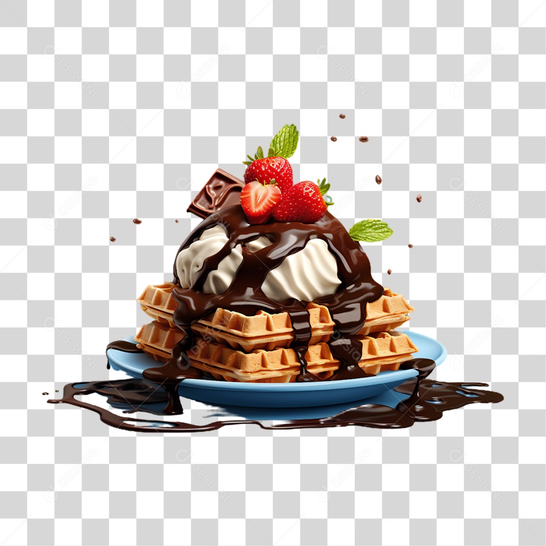 Waffles Com Calda e Morangos PNG Transparente