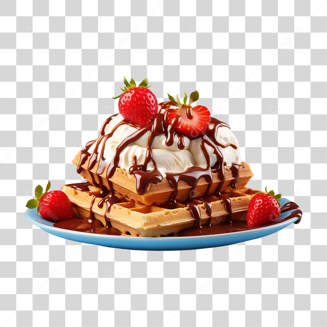 Waffles Com Calda e Morangos PNG Transparente
