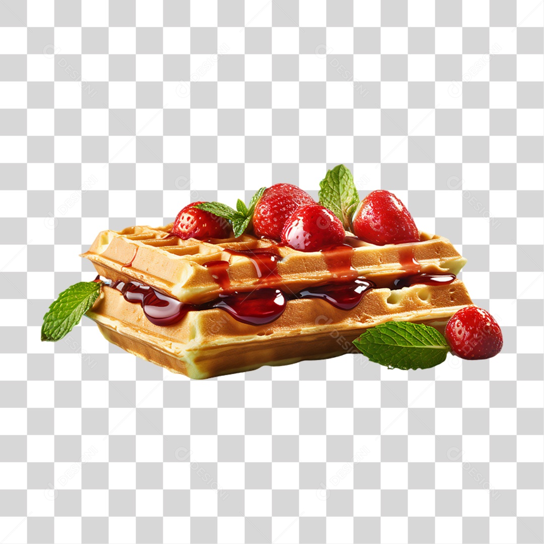 Waffles Com Calda e Morangos PNG Transparente