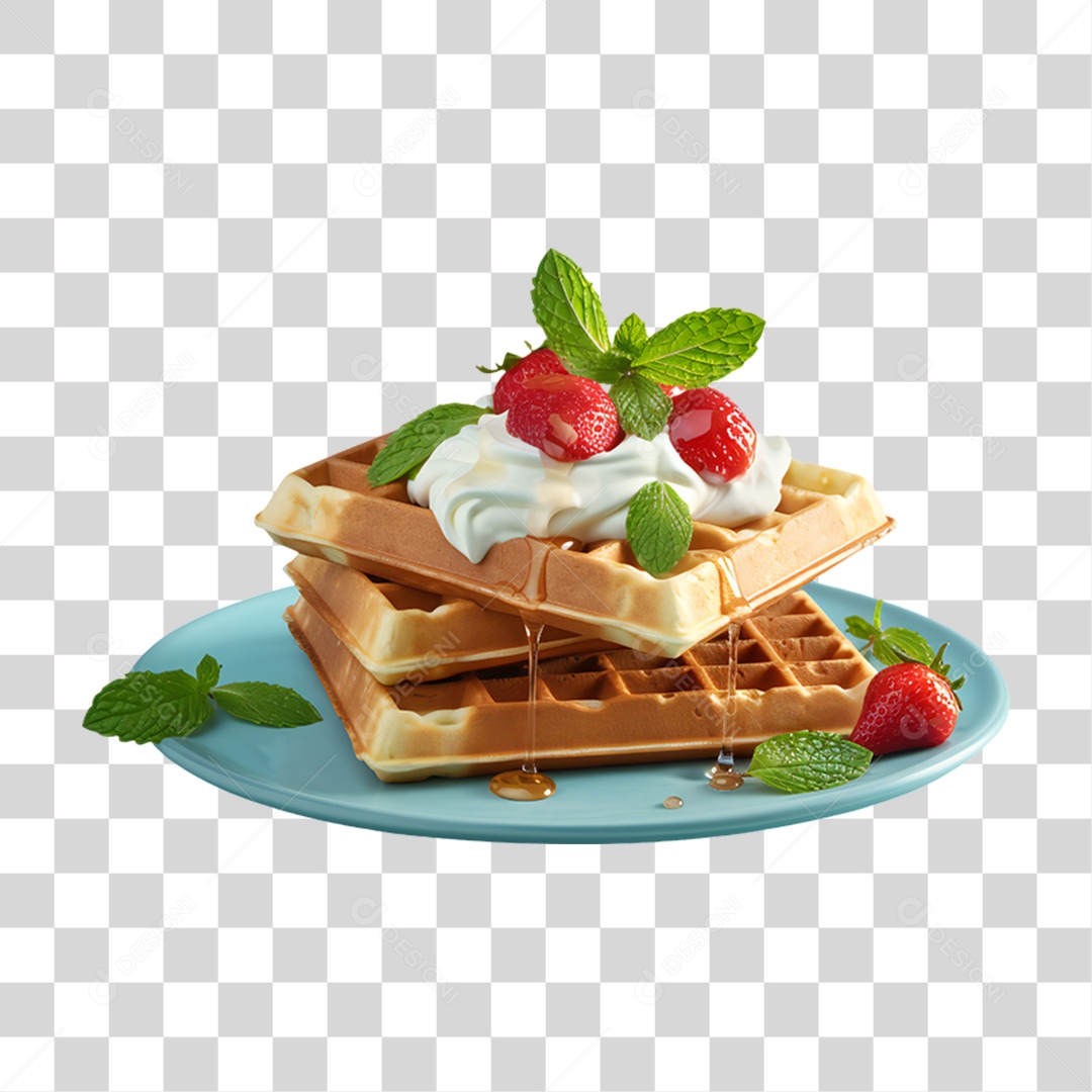 Waffles Com Calda e Morangos PNG Transparente