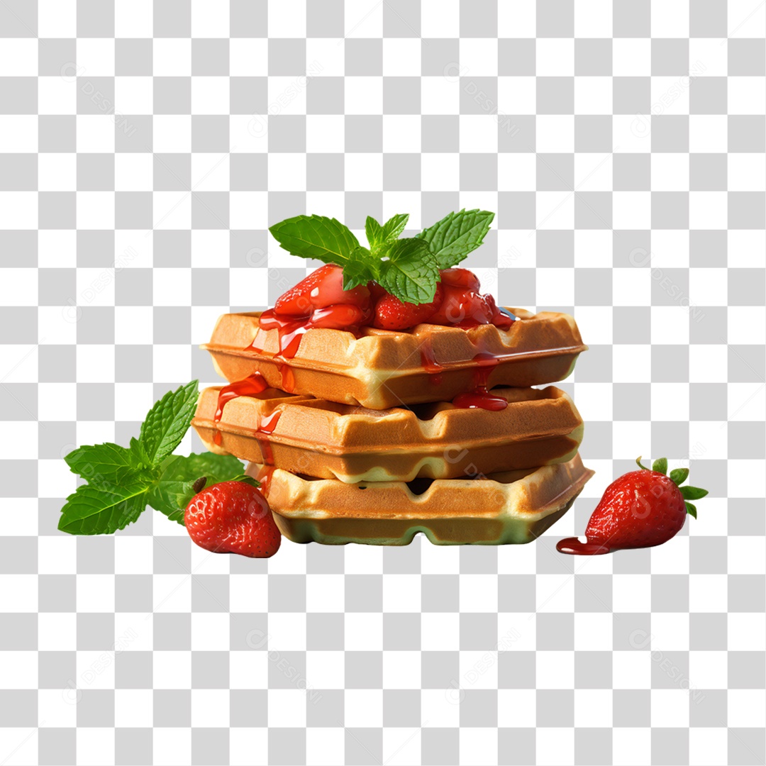 Waffles Com Calda e Morangos PNG Transparente